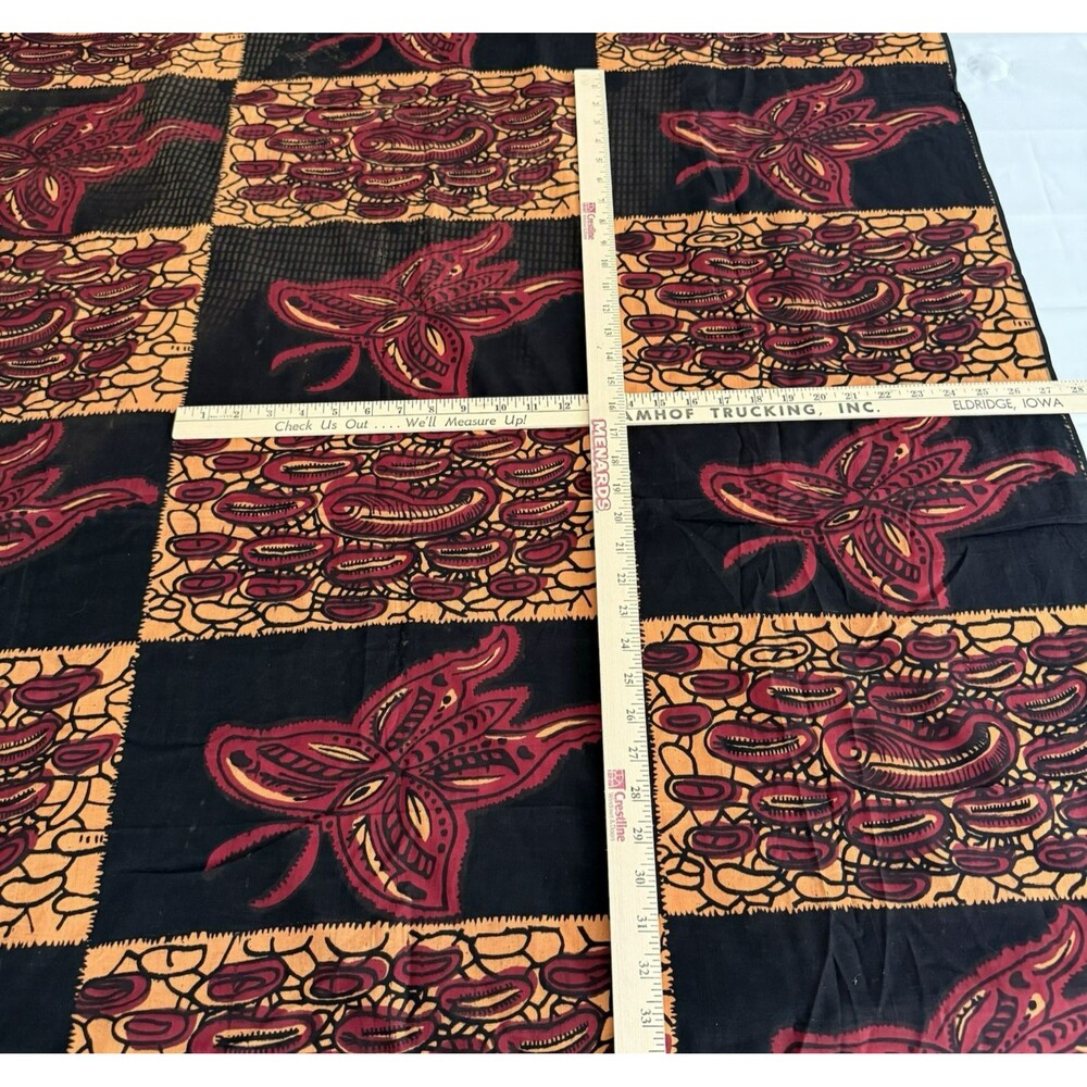 African Wax Print Fabric Butterfly Maroon Orange Black Cotton Batik Vtg 68 x 43"